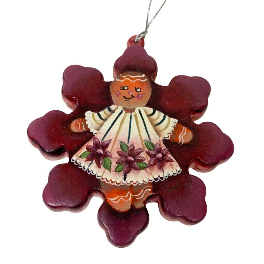 Angel Gingerbread Christmas Ornament Hand Painted Snowflake Retro Signed